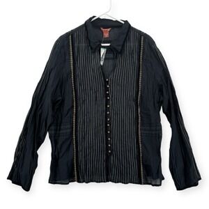 Overdrive Plus Blouse Womens 3X Sheer Button Front Black Stripe Embroidered NWT